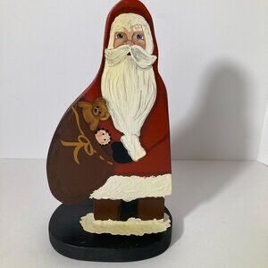 Vintage Handmade Wood Old World Santa Handpainted Signed Red Black Rustic 6 x 11